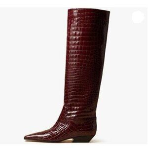 MISS LEFT Red Closed Square Toe Knee High Boot Wide Calf Low Chunky Shoes